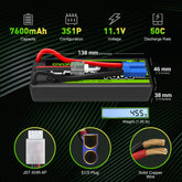 OVONIC 11.1V 7600mAh 3S1P 50C Hardcase Lipo Batterie 13 # avec prise EC5 pour voiture Arrma 1/7 1/8 1/10 RC